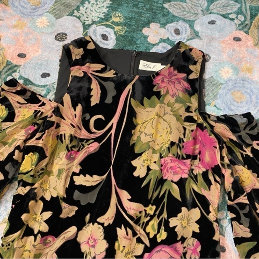 Eliza J Black Velvet Floral Burnout Mini Shift Dress Formal Cocktail Ruffle Hem - Picture 10 of 16